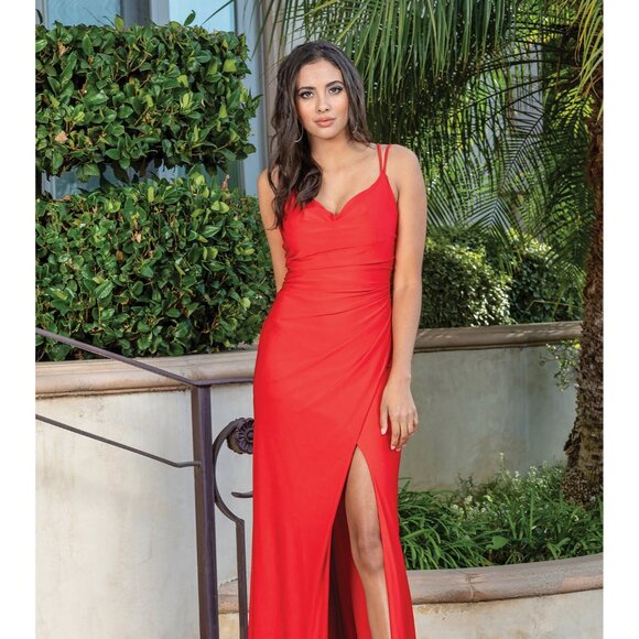 New Sleeveless Sheath Bridesmaid Long Dress w/ V-Neck & Lace Up Back DQ 4305 - Picture 3 of 9